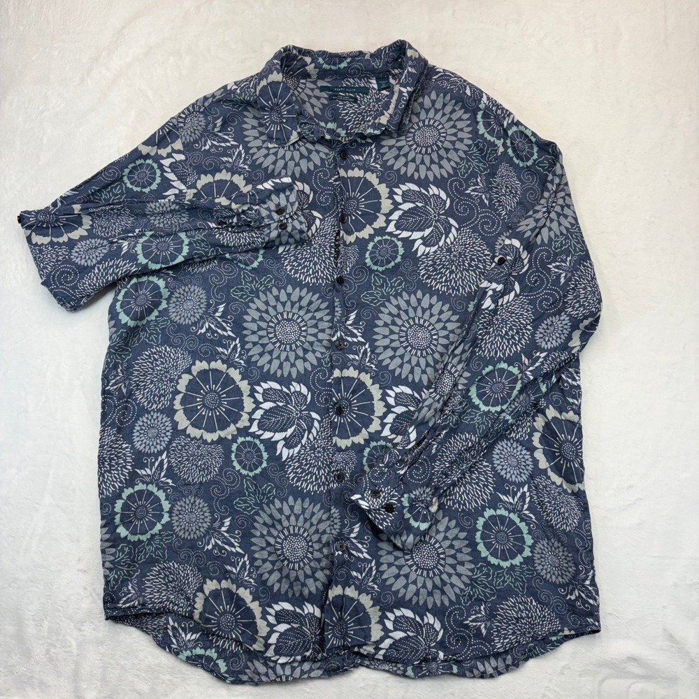 Perry Ellis Mens 2X Blue Floral 100% Linen Long Sleeve Button Down Shirt